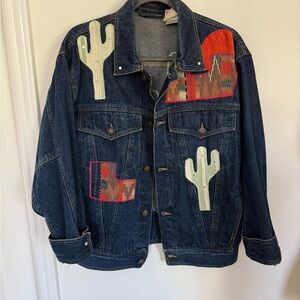 Vintage oversized Western Denim Jacket with Cactus and Southwestern Patches sZ M